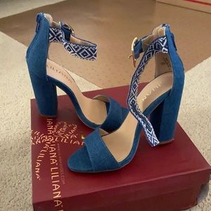 Tribal Print Strapped Denim Heels